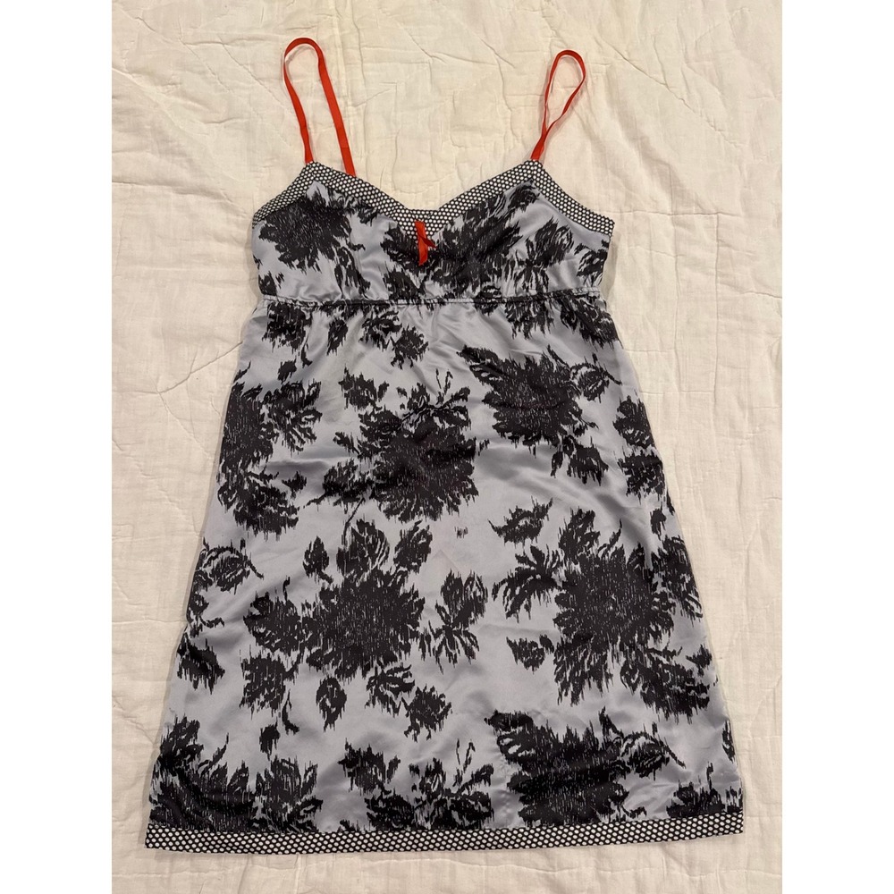 Gilligan & O'Malley Grey Black Floral Satin Chemise Slip Dress Red Straps Small‎